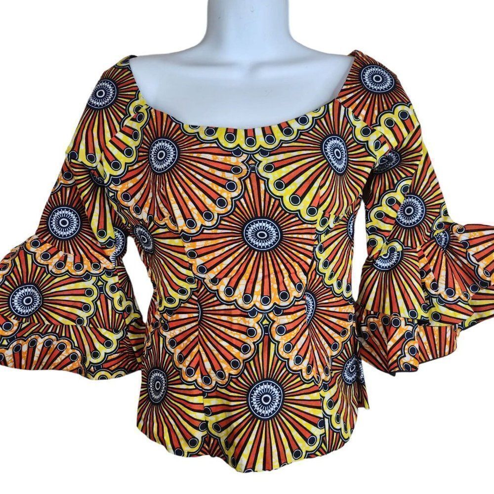 Vintage 90s African Print Top Blouse S Orange Yellow Flounce Trumpet Sleeve